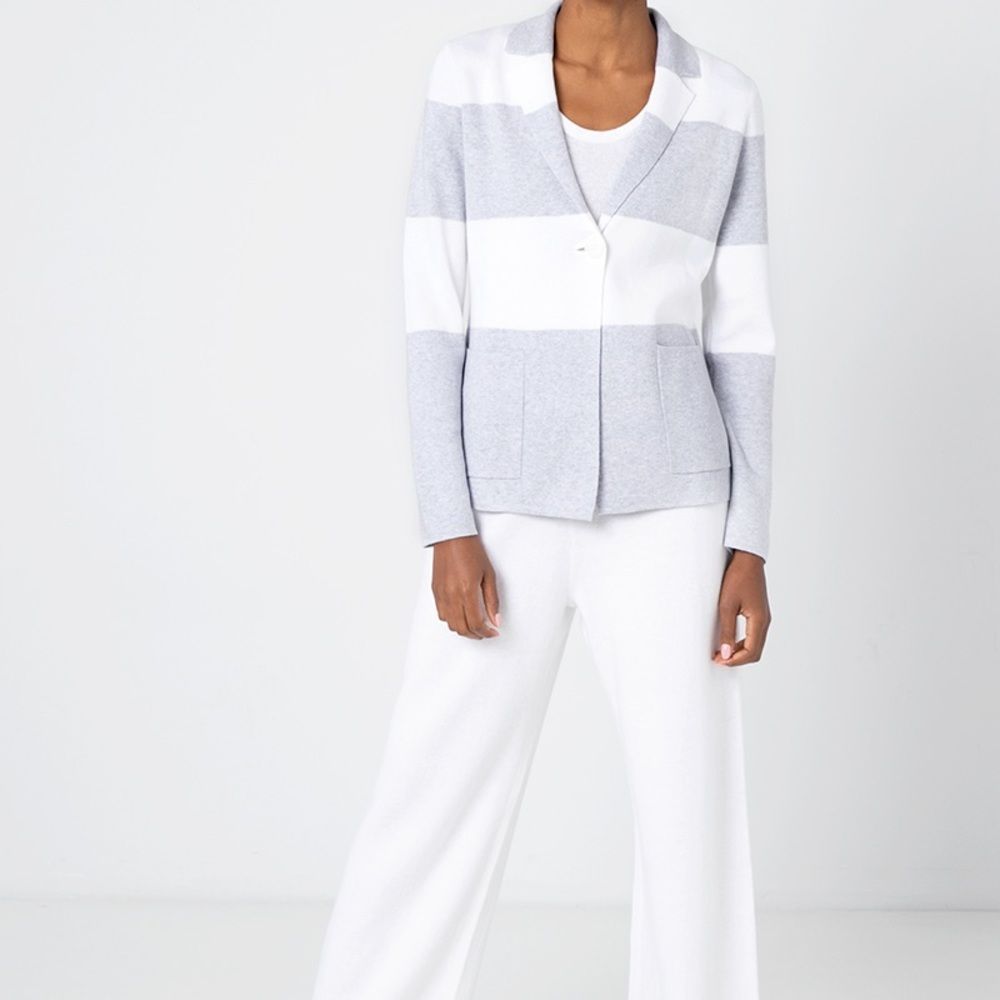 NWOT Kinross Cashmere Luxurious Grey White Rugby Striped Blazer Womens Sz M $450